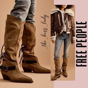 Free People slouch boots back-lace slouchy tall boots leather suede fringe